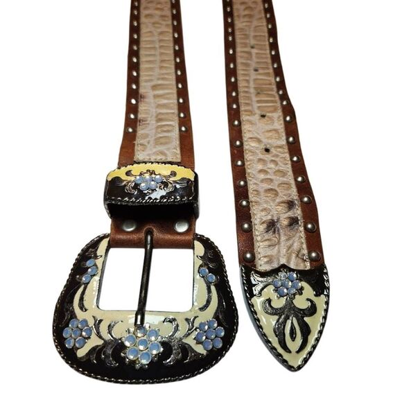 CACH'E Brown and Cream Floral Embellished GENIUE LEATHER Belt 29"-33" - Picture 1 of 8